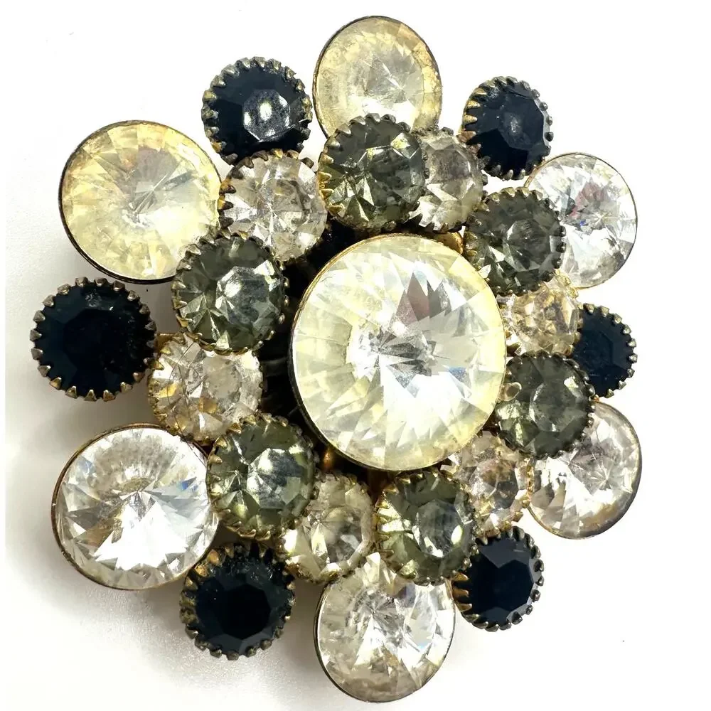 Vintage gold tone large clear rivolis smoky gray black rhinestones brooch